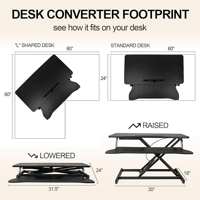 Standing Desk Converter 32” Height Adjustable Sit to Stand Up Desk Riser with Keyboard Tray for Home or Office, Dual Monitor and Computer Workstation Wide 2-Tier Desktop, Black