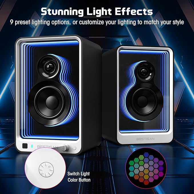 BESTISAN 50W*2 Active Bookshelf Speakers with Dynamic Light Effect, 3" Bass Computer Speakers with ARC/Optical/RCA/BT 5.2/USB/SUB Out Input for Turntable, PC, TV and Phone.