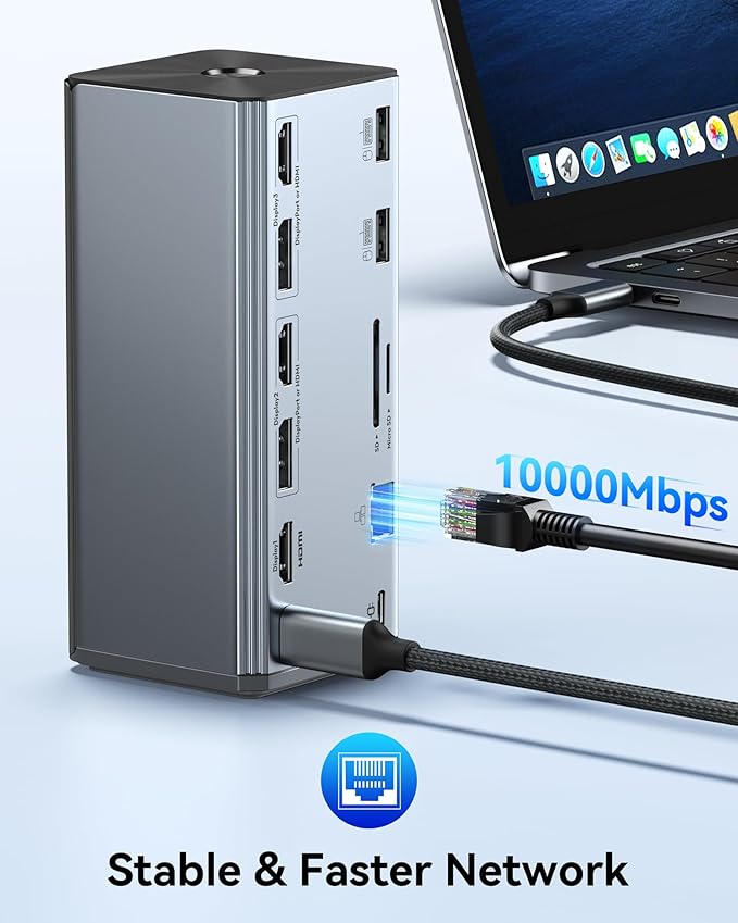 Selore USB 3.0 and USB-C Universal Laptop Docking Station with 3 HDMI, 2 DP Ports for Windows, macOS (Driver Required), Smart LCD Digital Display USB C Dock for MacBook/Dell/HP/Lenovo