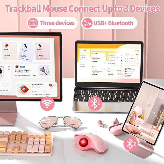 seenda Wireless Trackball Mouse, Bluetooth - Ergonomic Rollerball Mouse Rechargeable, 3 Device Connection Optical Mice Adjustable DPI Thumb Control Mice Compatible for Mac/Android/Windows - Pink
