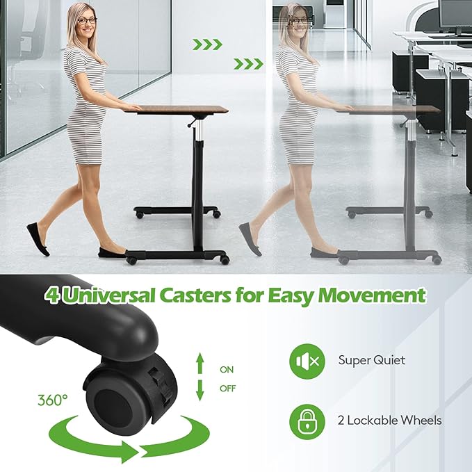 COSTWAY Mobile Height Adjustable Standing Desk, Compact Pneumatic Sit to Stand Computer Desk w/Lockable Casters, Ergonomic Rolling Laptop Table w/Steel Frame for Home Office (Espresso)