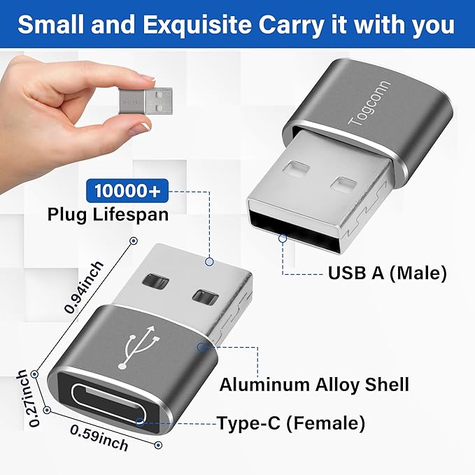 USB C Female to USB Male Adapter (10-Pack), Type C to USB A Charger Cable Converter Connector for iPhone 15，iPhone 15 ProMax, Samsung S23 Ultra, MacBook Pro, MacBook Air/Mini