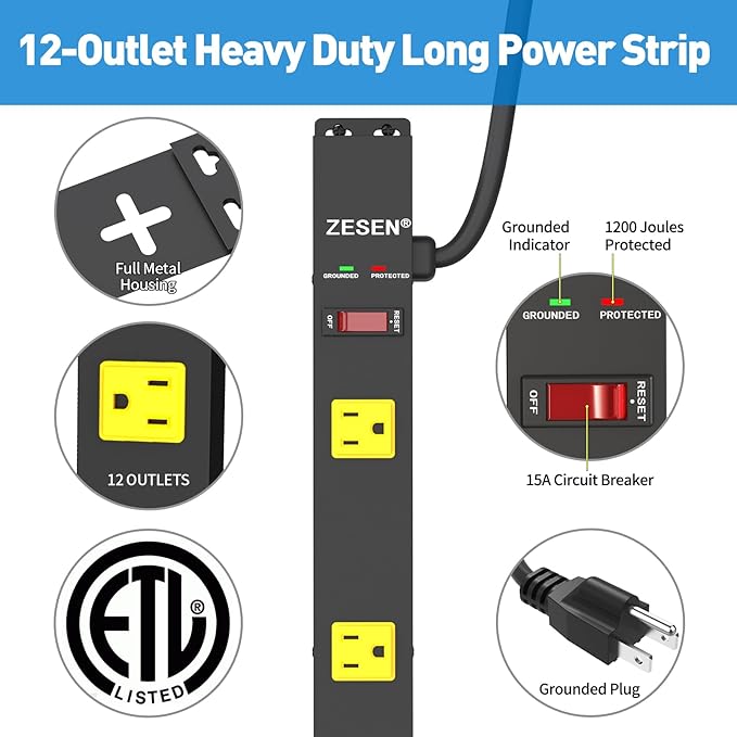 12 Outlet Long Power Strip with 6FT Power Cord, Industrial Heavy Duty for Work Bench Shop Garage, 2100 Joules Surge Protector, Wide Spaced Outlet Power Bar, ETL Certified, Black
