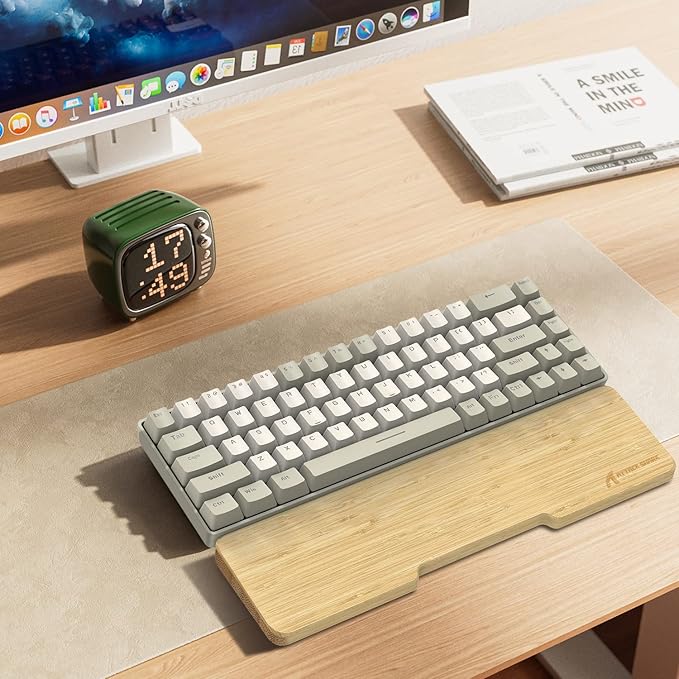 ATTACK SHARK Bamboo Wrist Rest for Computer Keyboard，Ergonomic Hard Palm Rest for Comfortable Typing Pain Relief，Anti-Slip Wrist Support for Office, Gaming, Laptop (68Key)