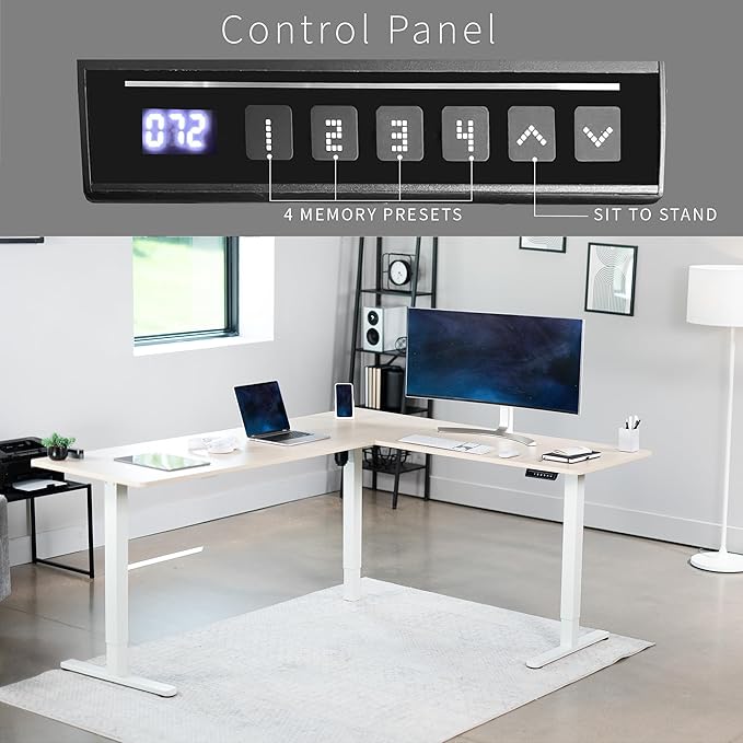 VIVO Corner Standing Desk, 75 x 63 inch Reversible L-Shaped Workstation, Electric Height Adjustment, Home, Office, and Reception Rooms, Light Wood Table Top White Frame, DESK-E3CTC-75