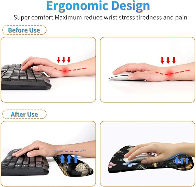 Ergonomic Mouse Pad with Wrist Support Gel Mouse Pads and Upgrade Keyboard Wrist Rest Pad Set, Coasters Non-Slip PU Base Mouse Mat for Office Gaming Computer Laptop Home, Glitter Butterfly