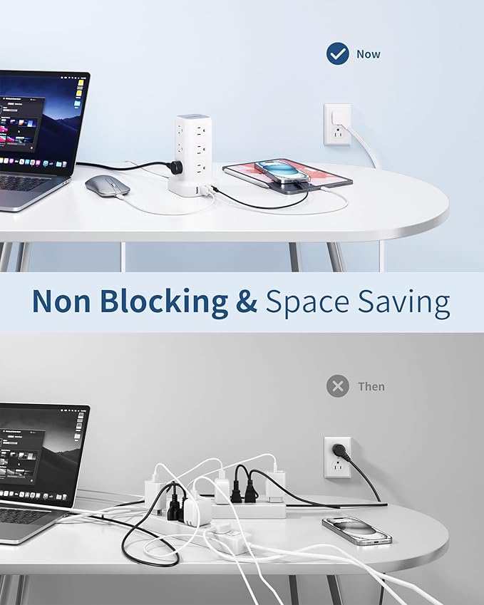Extension Cord with Multiple Outlets, SMALLRT Flat Plug Surge Protector Power Strip Tower, Power Bars with USB 12 AC Outlets, 16.5FT Ultra Thin Extension Cord for Home Office, Overload Protection