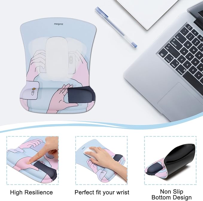 MEGREZ 4-in-1 Ergonomic Memory Foam Wrist Rest Set, Desk Pad, Mouse Pad with Wrist Rest, Keyboard Pad, Suitable for Office Workers, Programmers & Gamers–Relieve Typing & Gaming Fatigue,