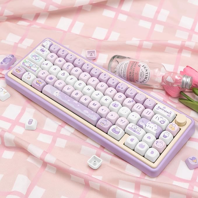 PBT Keycaps, MOA Profile Keycaps 132 Keys Dye Sublimation Purple Cute Cat Customized Keycap Set for ANSI Layout Cherry MX Switches Mechanical Keyboards