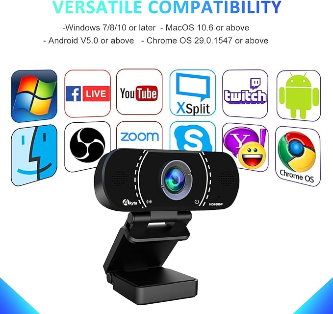Akyta Webcam for PC, 1080P Webcam with Microphone/Tripod/Privacy Cover/Wide Angle 110°, Plug & Play USB Web Camera for Desktop Computer PC Laptop Mac Video Calling/Streaming/Zoom Conference ﻿