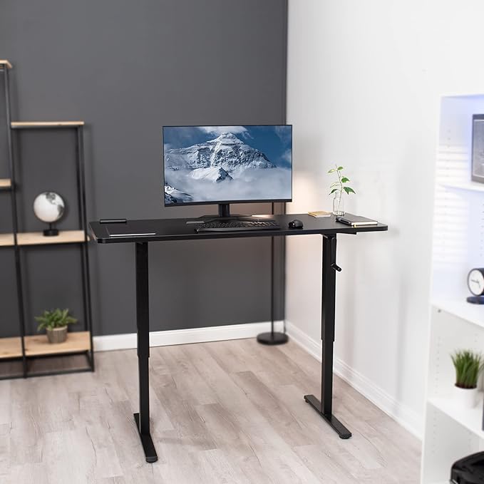 VIVO Manual Height Adjustable 60 x 24 inch Stand Up Desk, Dark Walnut Solid One-Piece Table Top, Black Frame, Standing Workstation with Foldable Handle, DESK-KIT-MB6D
