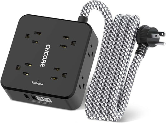 Surge Protector Power Strip - CHCORE 6Ft Braided Extension Cord with 8 Outlets with 4 USB (2 USB C) Charging Ports, Flat Plug Multi Plug Outlet Extender Charging Station for Home Office, ETL, Black