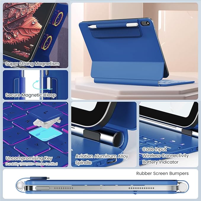 for iPad 11th (A16, 2025)/10th Generation Case with Keyboard, Magic Keyboard 2022, Springy Backlit Keys, Stain-Resistant Surface, Multi-Touch Trackpad, Steel Blue