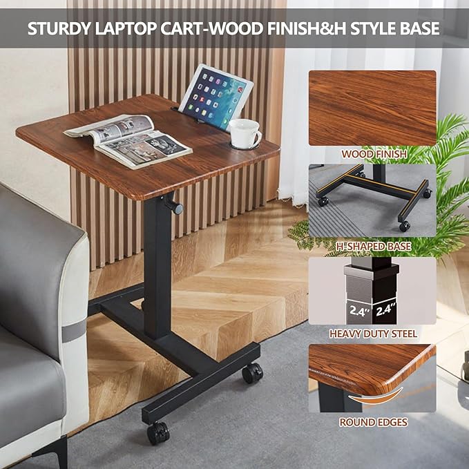 Mobile Standing Desk,Height Adjustable Overbed Bedside Table with Wheels&Cup Holder,Hand Crank Sit Stand Desk and Laptop Cart,Computer Workstation for Home Office Classroom Hospital (Manual Walnut)