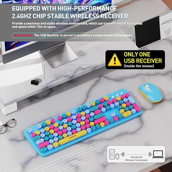 Cute Retro Wireless Keyboard and Mouse Combo, Colorful Typewriter Keyboard with Round Keycaps, 2.4GHz Multi-Color Hybrid Bubble Keyboard for Women, Funky Blue Computer Keyboard for PC Laptop Office