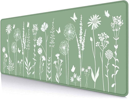 IMAYONDIA Cute Sage Green Desk Mats Mousepad, Plant Floral Anime Deskmat, Aesthetic Desk Pad, Minimalist Mint White Leaves Large Gaming Mouse Pad, Decor Accessories, 31.5 X 11.8