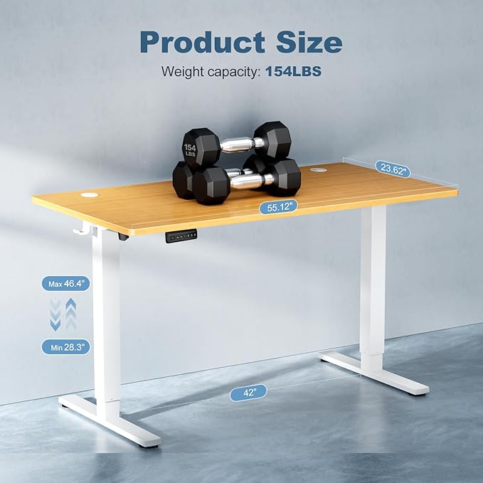 DUMOS 55 Inch Electric Standing Desk Height Adjustable, Sit to Stand Computer Workstations Large Work PC Table Home Office Writing Gaming Desks with Memory Presets for Walking Pad, Bedroom, Oak