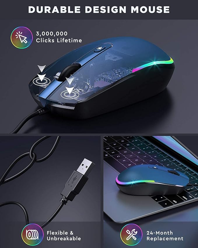 seenda Wired Mouse - USB Computer Mice Wired with RGB Backlit Optical LED Mouse with Attached USB Cord for Laptops Notebooks Chromebook - Blue & Black