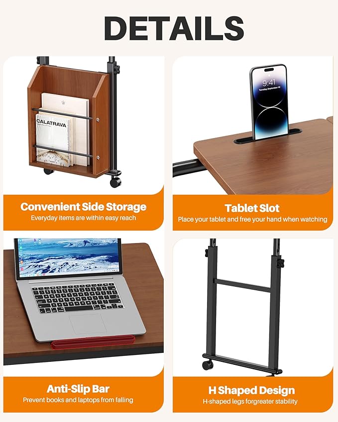 Laptop Desk for Bed,6-Angle Adjustable Overbed Table with Wheels,Adjustable Height and Length Bed Table for Laptop with Side Bookshelf,Standing Desk,Over Bed Desk for Working Hospital Home (Oaken)
