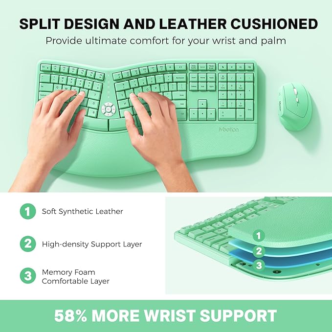 MEETION Ergonomic Keyboard and Mouse, Wireless Keyboard with Vertical Mouse, Split Curved Keyboard with Wrist Rest, Natural Typing Full Size, Windows/Mac/Computer/Laptop, Green