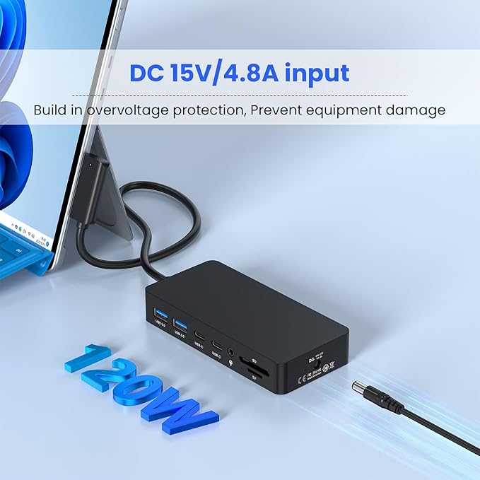 Surface Docking Station, 4K@60Hz Triple Display via HDMI, DP & USB-C, 12-in-1 with 120W Power Adapter for Surface Laptop 5/4/3 & Surface Pro 11/10/9/8/7/X, Surface Go/Book