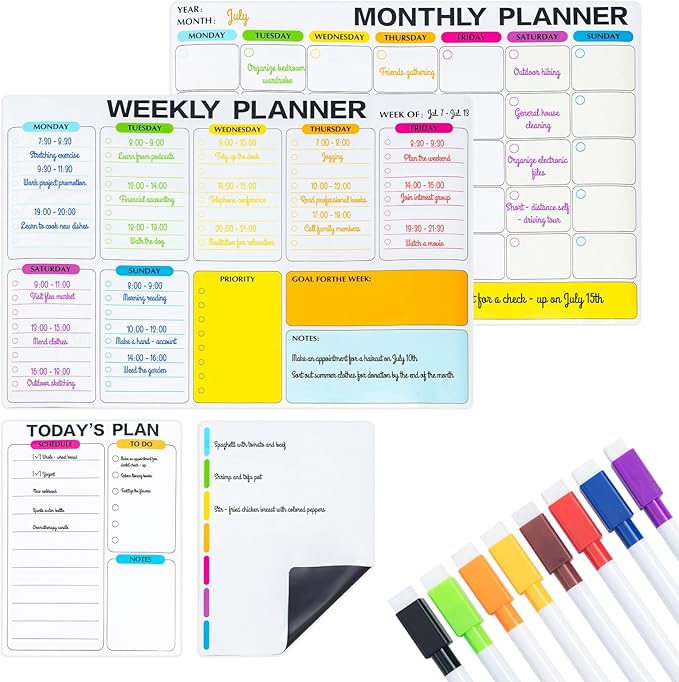 4 Pack Dry Erase Calendar for Fridge, 16.5 x 12 Monthly & Weekly & Daily Chore Chart, Planning Whiteboard with 10 Markers and Eraser, Use for Refrigerator Wall Door- Shopping, Meal/Menu, to Do List