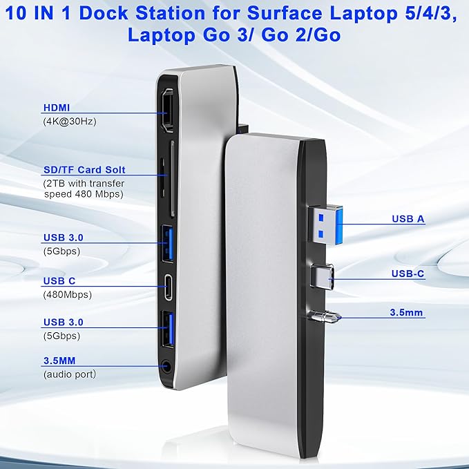 Surface Laptop 6/5/4/3 Hub Docking Station, USB-C Hub with 4K@30Hz HDMI, 2xUSB 3.0, USB-C, SD/TF Card Slot, 3.5mm Audio for Surface Laptop 6/5/4/3/Laptop Go 3/Go2/Go