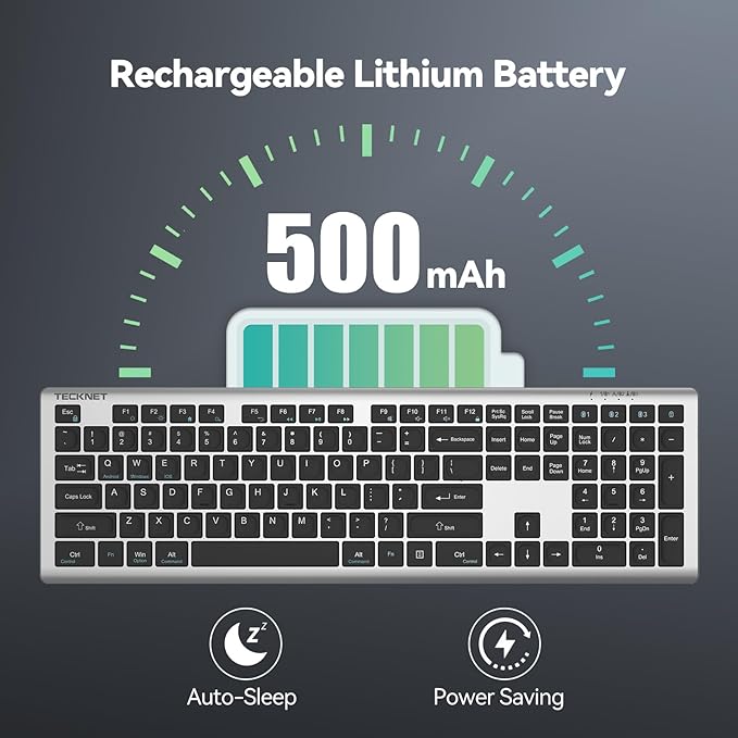 TECKNET Bluetooth Keyboard Rechargeable, 4-Device Free Switching (2.4G+BT), Ultra-Slim Full Size Wireless Keyboard, Quiet Typing, for PC/Laptop/Smart TV/Phone, Adjustable Stand, 12 Multimedia Keys