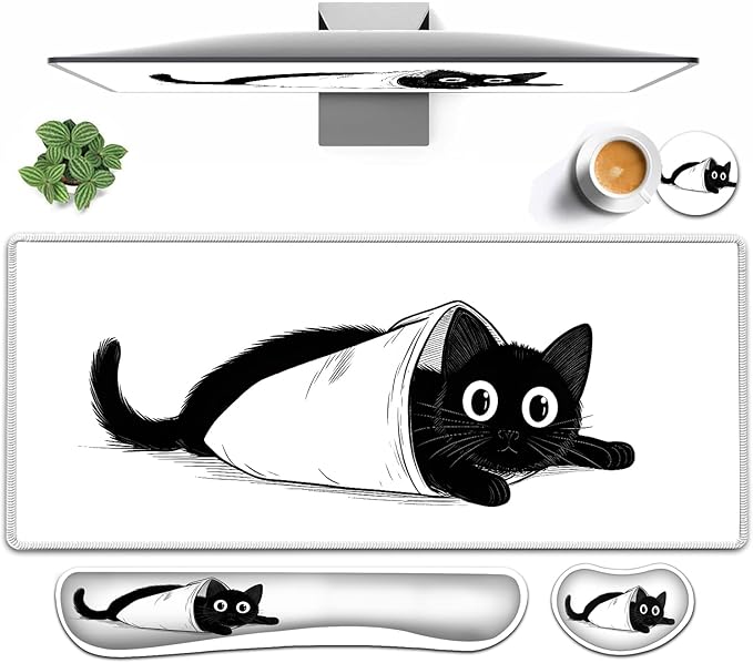 Large Mouse pad and Keyboard Support Set, Ergonomic Memory Foam Keyboard Wrist Rest, Extended Gaming Mouse Pad with Stitched Edges, Socially Anxious Cat White XXL Desk Mat (31.5 X 11.8 in)