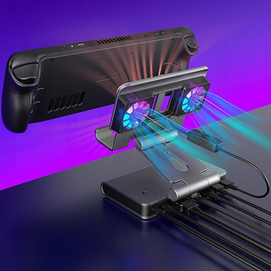 Fans Docking Station for Steam Deck/ROG Ally X/Legion Go/Claw, 6-in-1 Adjustable Stand Steam Deck Dock with HDMI 4K@60Hz, 1000Mbps Ethernet, 3* USB-A 3.0 and Fast Charging for Steam Deck OLED
