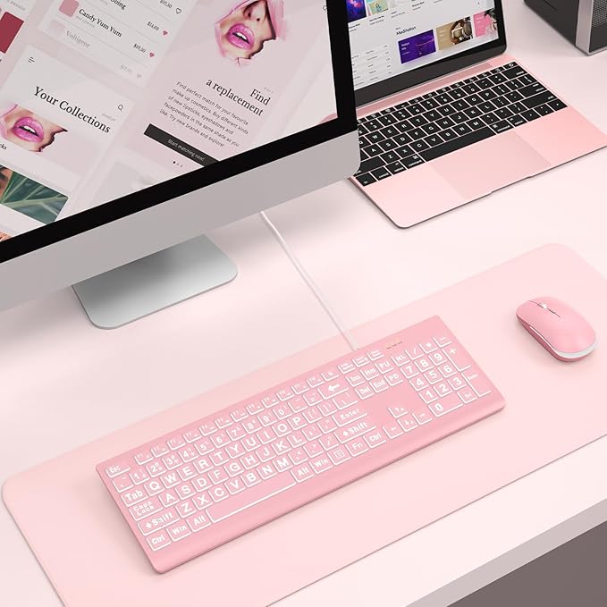SABLUTE Large Print Backlit Keyboard, Wired USB Lighted Computer Keyboards with 7-Color & 4 Modes Backlit, Oversize Letters Keys Easy to See and Type, Quiet Keyboard Compatible for PC, Laptop -Pink