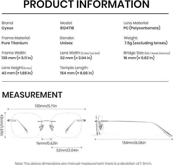 Cyxus Titanium 9.5g Blue Light Glasses for Men Frameless Rimless Glasses UV protection Eyeglasses
