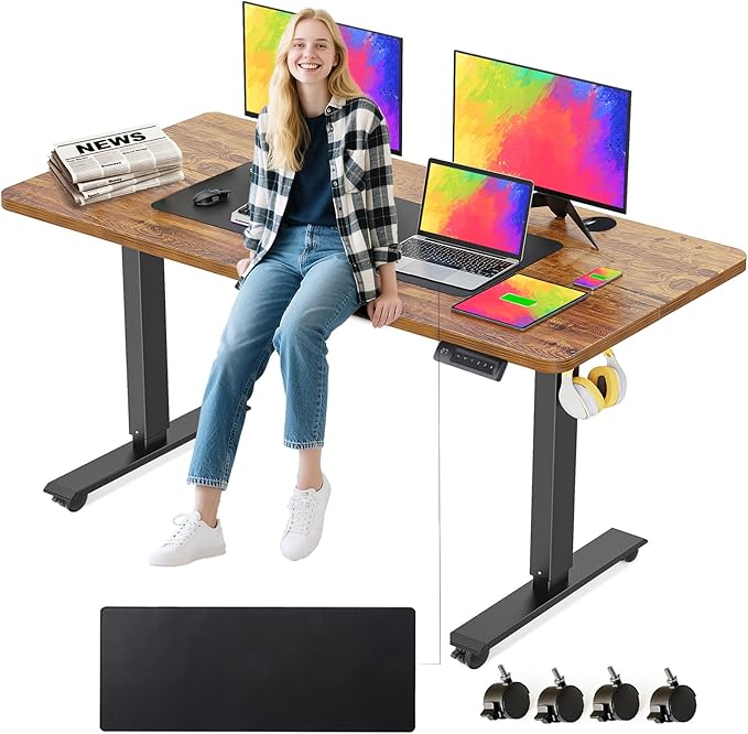 55 x 24 in Electric Standing Desk Adjustable Height, Sit Stand Home Office Rolling Computer Desk with 35 x16 in Mouse Pad, Wheels and Hooks，27''-46'' Lifting Range Stand up Desk(Brown)