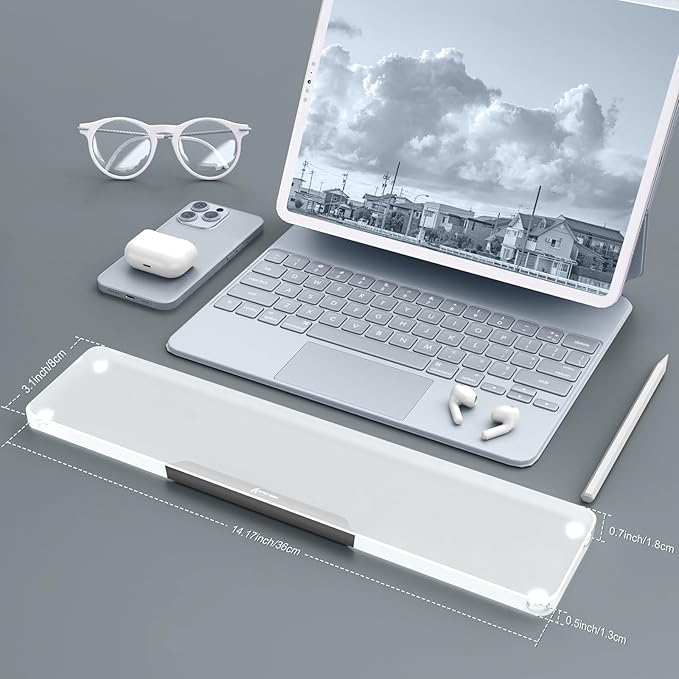 Acrylic Gaming Keyboard Wrist Rest,Clear Ergonomic Palm Rest with Anti-Slip Base,Customized Metal CNC Aluminum Alloy Logo for Compact 80% Computer Keyboard,Office,Home,Laptop,Mac,Easy Typing-Sliver