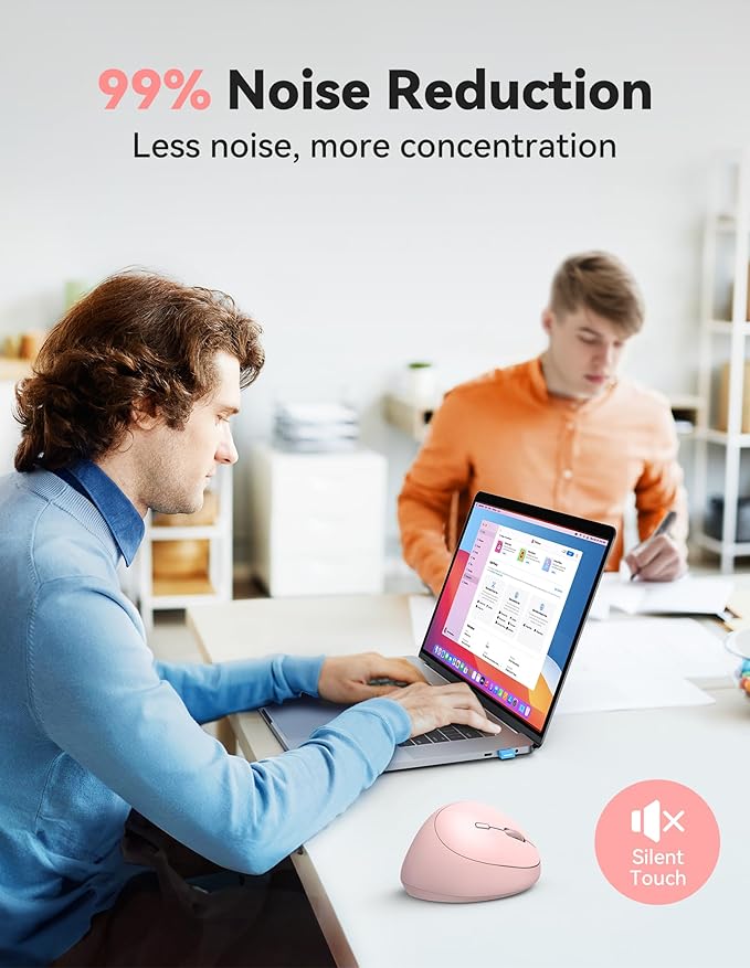 TECKNET Ergonomic Mouse, 4800 DPI Wireless Vertical Mouse, 5 Adjustable DPI Levels, 6 Buttons, 2.4G Silent Wireless Mouse for Laptop, PC, Light Pink