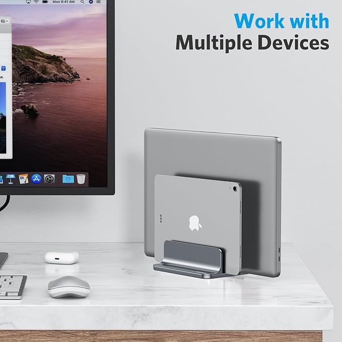 OMOTON [Updated Dock Version Vertical Laptop Stand, Double Desktop Stand Holder with Adjustable Dock (Up to 17.3 inch), Fits All MacBook/Surface/Samsung/HP/Dell/Chrome Book (Grey)