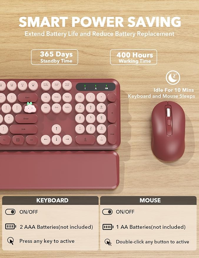 Wireless Keyboard and Mouse Combo - Cute Typewriter Keyboard with Detachable Wrist Rest, Retro Round Keycaps, Foldable Legs, 2.4GHz Full-Size Keyboard for PC, Laptop, Windows - Trueque (Wine Red)