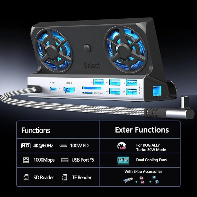 Dual Cooling Fans 13-in-1 Steam Deck Docking Station with 4K@60Hz,5 USB Ports,1000Mbps,SD/TF Slot,Type C 100W PD, 40Gbps Adapter for Steam Deck/Rog Ally/Switch/Legion Go