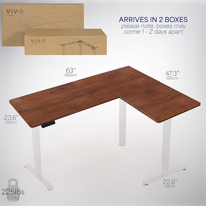 VIVO Corner Standing Desk, 63 x 47 inch Reversible L-Shaped Workstation, Electric Height Adjustment, Home, Office, and Reception Rooms, Dark Walnut Table Top White Frame, DESK-E3CTWD-47