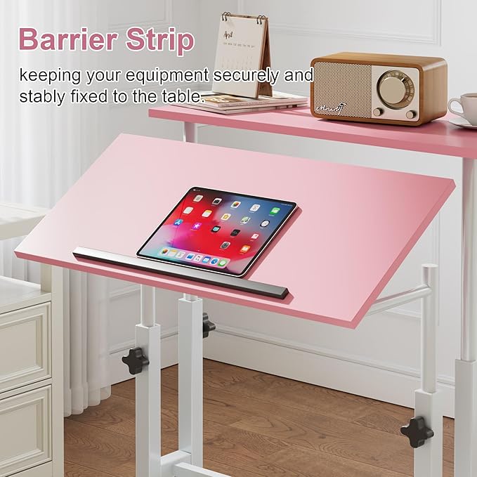 VECELO Small Mobile Standing Desk 24 Inch, Adjustable Height Portable Stand Up Desk with Wheels Computer Workstations, Rolling Laptop Cart, Pink