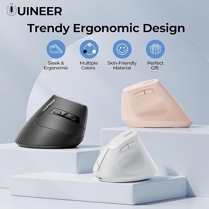 Uineer Wireless Ergonomic Mouse, Rechargeable Vertical Mouse 2.4G with USB-A Receiver, 2400 DPI Optical Tracking Mice, Quiet Clicks, 6 Buttons, Ergo Cordless Computer Mouse for Windows/Mac/Laptop