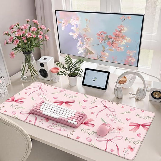 HAOCOO Pink Coquette Desk Mat for Keyboard and Mouse,Cute Floral Large Mouse Pad,Non-Slip Waterproof Desk Pad,Computer Mat with Edge Stitching for Office (Love Bow)