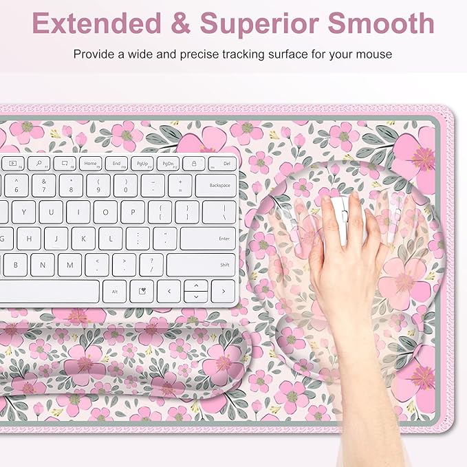 Floral Desk Mat, 4in1 Large Mouse Pad with Wrist Rest, Cute Desk Matt for Desktop, Deskpad Mat, Anti-Slip XXL Computer Ergonomic Mousepad with Wrist Support for Keyboard and Mouse I Pink Flowers