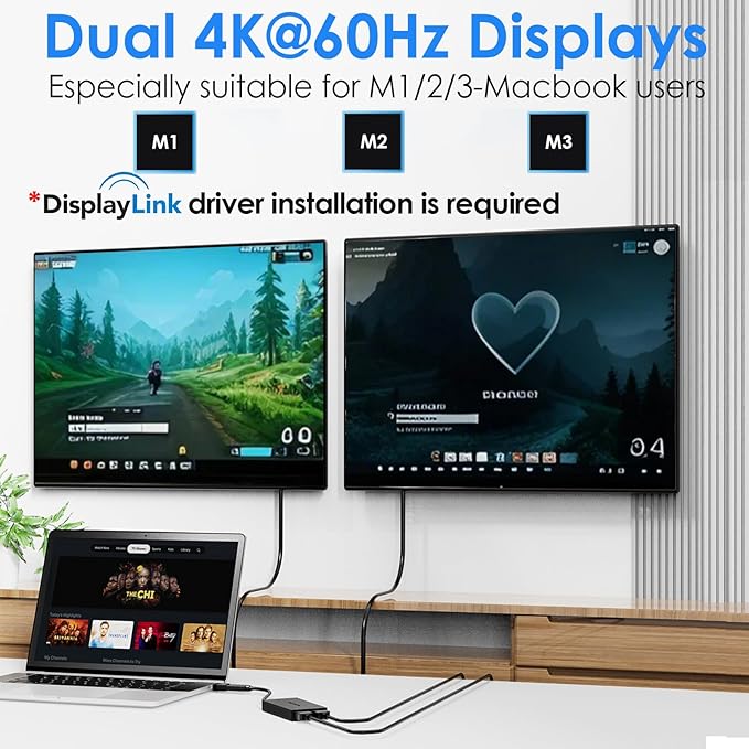 WAVLINK USB 3.0 & USB C to Dual HDMI Adapter 4K@60Hz for 2 Monitors, DisplayLink USB C HDMI Adapter for Dual Monitor, for Mac M1/M2/M3, Windows, ChromeOS, Ubuntu, Android