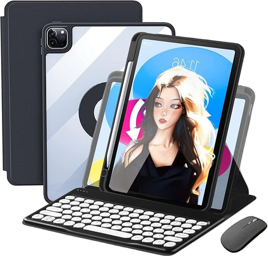 Vertical Keyboard Case for iPad 11 inch 2025(A16) with Mouse, Aslo for iPad 10 2022 with Pencil Holder, Magnetic Rotating Clear Case (Magnetic-Black)