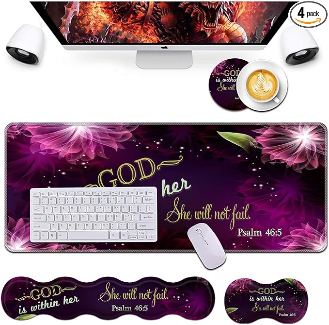 Keyboard Wrist Rest and Mouse Pad Wrist Support Set,Ergonomic Memory Foam Wrist Pad & Non Slip Base for Home Office Working Studying Easy Typing,Quote Bible Verses Psalm 46:5
