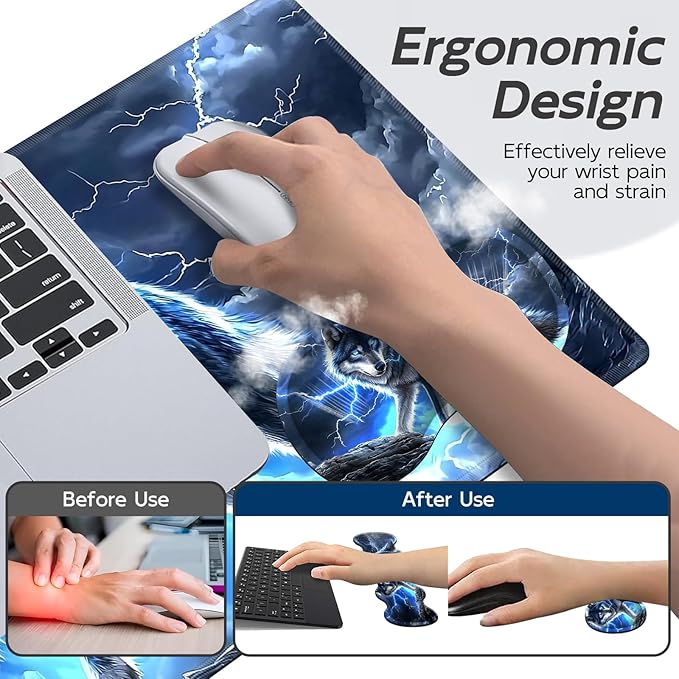 Gaming Mouse Pad Set, Majestic Blue Wolf Large Desk Mat Mousepad, Keyboard Wrist Support, Mouse Wrist Rest, Coaster 4in1 Ergonomic Memory Foam, Non-Slip Stitched Edge for Home Office