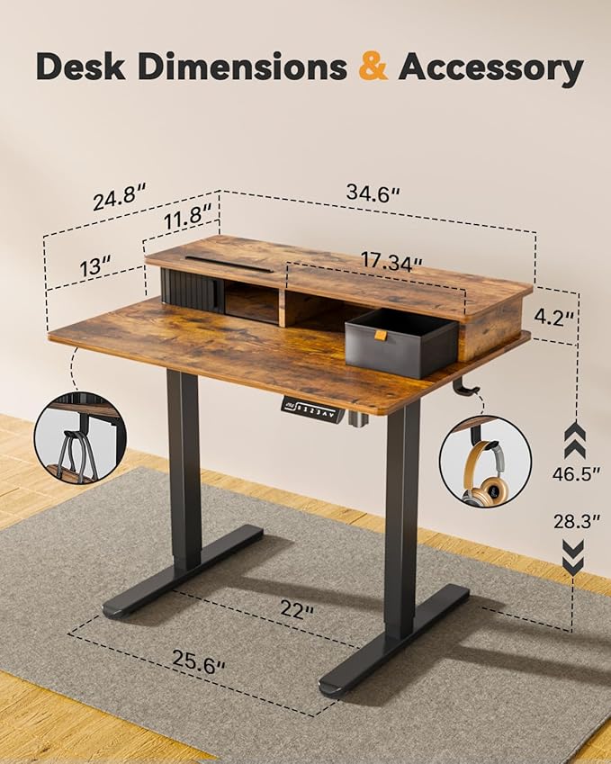 JOY worker Small Electric Standing Desk, 35" x 25" Height Adjustable Desk with Built-in Monitor Stand & Storage Drawer, Sit Stand Desk with 2 Hooks for Home Office, Rustic Brown