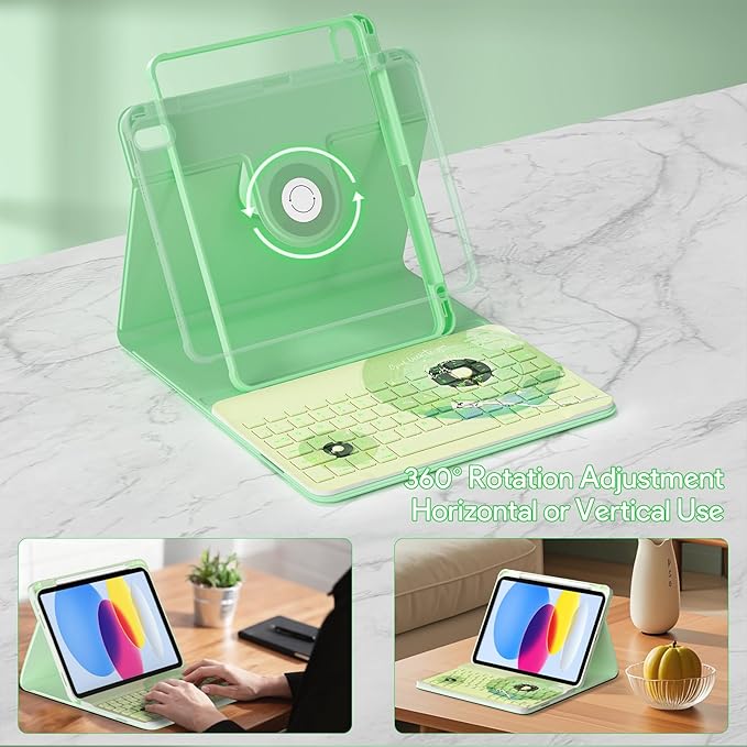 YBING Keyboard Case for iPad 10th Gen 10.9 inch (2022) & 11th Gen (A16, 2025), Bluetooth Wireless Detachable Keyboard with Green Music Painted Patterns, 360 Rotatable Magnetic Case with Pencil Holder