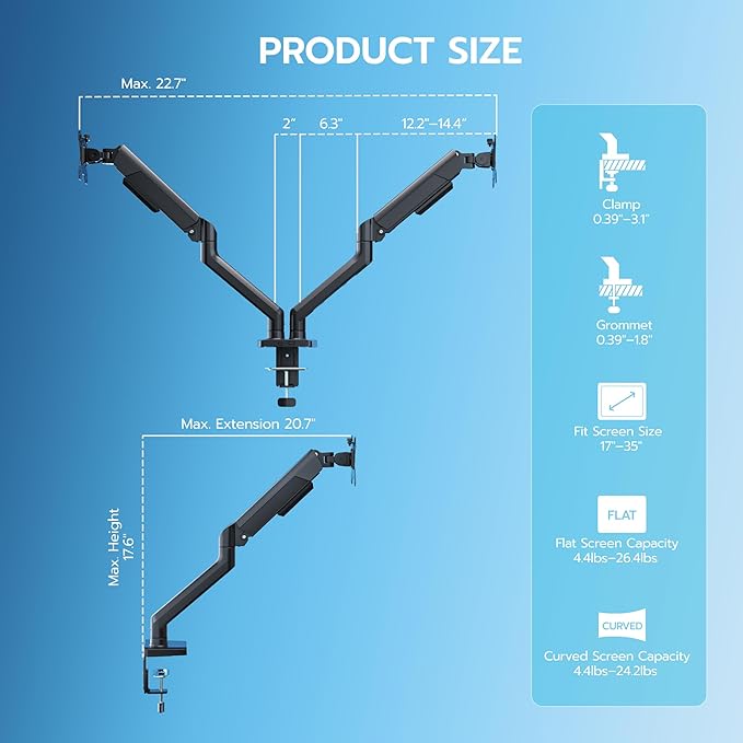 ARES WING Dual Monitor Mount, Heavy Duty Monitor Arms for 2 Monitors for 17-35 Inch, Fully Adjustable Monitor Desk Stand Ultrawide Screen, VESA 75x75 or 100x100mm, Black
